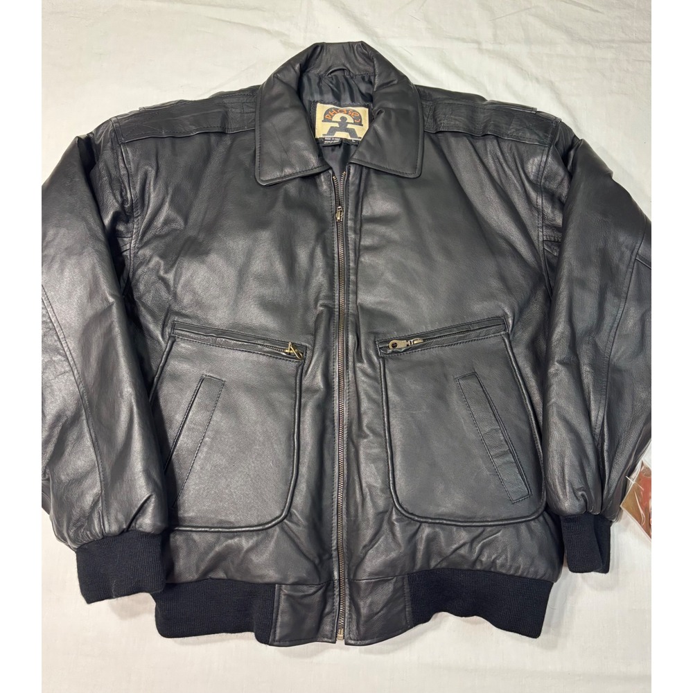 Phase 2 Mens Black Leather Bomber Jacket Flight Aviator Coat Large 0128 RM
